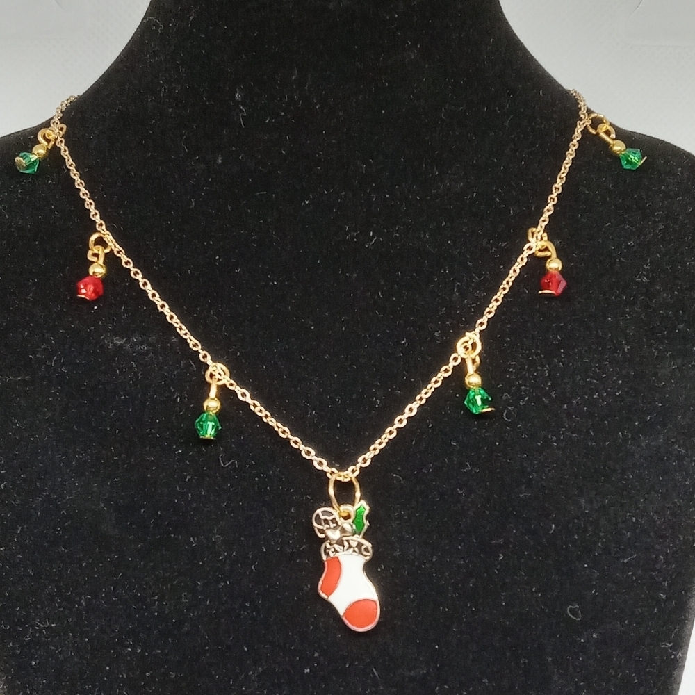 Hand Crafted Festive Gold Necklace with Red and Green Charms